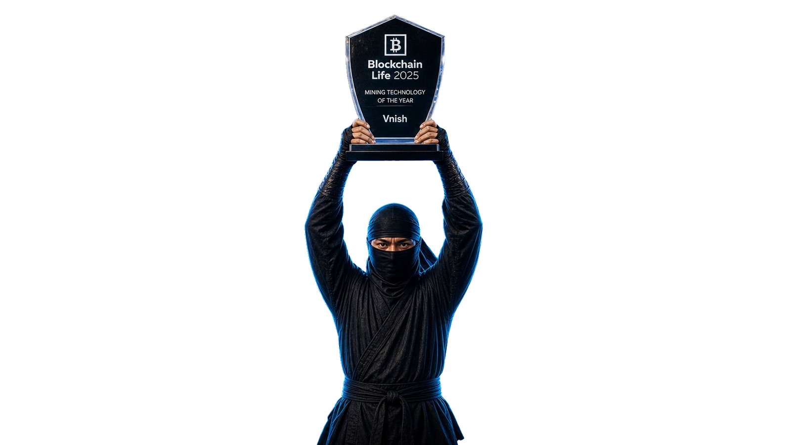The masked engineer lifts the Mining Technology of the Year trophy, Blockchain Life 2025
